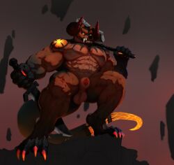 abs animal_genitalia anthro axe balls canid canine dust_yang front_view genitals hi_res holding_axe holding_melee_weapon holding_object holding_sword holding_weapon looking_at_viewer low-angle_view male male_anthro mammal melee_weapon mouth_closed muscular muscular_anthro muscular_male nude orange_balls orange_body orange_sclera orange_sheath pecs penis penis_tip red_penis sheath solo standing sword weapon yellow_eyes
