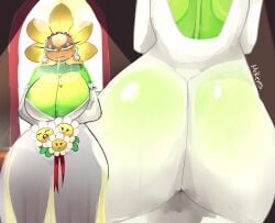 1girls annoyed annoyed_expression anthro anthrofied ass ass_focus back_view big_breasts birthmark boobs breasts cleavage curvaceous curvaceous_female curvaceous_figure dress electronic_arts female flora_fauna flower freckles freckles_on_breasts green_skin huge_ass huge_breasts marigold_(pvz) mckeyes monster_girl plant plant_girl plant_humanoid plantie plants_vs._zombies plants_vs_zombies plants_vs_zombies:_heroes popcap_games pussy pvz see-through see-through_clothing shiny_skin solar_flare_(pvz) sunflower_(pvz) veil video_game_character video_game_franchise wedding_dress wedding_veil