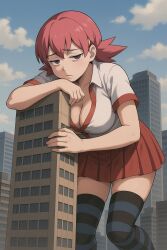 ai_generated bored bored_expression breasts cleavage female giantess huge_breasts leaning_forward leaning_on_building light-skinned_female light_skin pink_hair pink_skirt pokemon pokemon_gsc striped_legwear whitney_(pokemon)