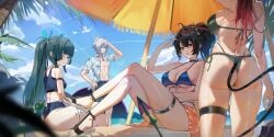 1boy 3girls absurdres alternate_costume ass beach beach_umbrella bikini black_hair blue_bikini blue_pants blue_sky breasts cloud crossed_legs day front-tie_bikini_top front-tie_top green_hair grey_bikini highres holding holding_removed_eyewear jane_doe_(zenless_zone_zero) large_breasts long_hair looking_at_viewer maanu medium_breasts mouse_tail multiple_girls one_eye_closed open_clothes open_mouth open_shirt pants qingyi_(zenless_zone_zero) red_eyes red_hair sandals seth_lowell shirt sitting sky swimsuit tail twintails umbrella unworn_eyewear white_sandals white_shirt zenless_zone_zero zhu_yuan
