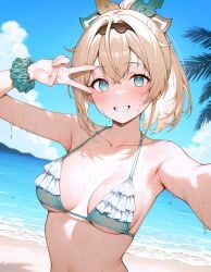 1girls ai_generated armpits beach bikini blonde_hair female green_bikini green_eyes hololive kazama_iroha large_breasts peace_sign ponytail smile sweat v virtual_youtuber
