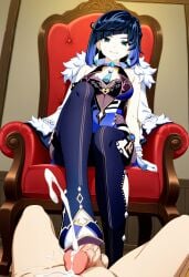 1boy 1girls aether_(genshin_impact) ai_generated big_breasts bootjob cum cum_on_self feet female footjob genshin_impact heels male short_hair taller_girl thick_thighs yelan_(genshin_impact)