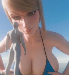 1boy 1girls 3d 3d_(artwork) anon anonymous_male big_boobs big_breasts bikini boobs breasts female giant_female giant_woman giantess height_difference large_boobs large_breasts light-skinned_female light_skin lusiashinra male metroid nintendo samus_aran size_difference swimsuit swimwear water