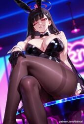 ai_generated animal_ears balecxi bare_shoulders black_gloves black_hair black_leotard black_pantyhose blue_archive bow cleavage crossed_legs detached_collar fake_animal_ears female grin hair_ornament halo large_breasts long_hair looking_at_viewer one_eye_closed playboy_bunny rabbit_ears red_eyes rio_(blue_archive) sitting smile solo strapless strapless_leotard thighband_pantyhose thighs wrist_cuffs