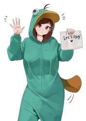 1girls aged_up baggy_clothing brown_eyes brown_hair disney disney_channel english_text female gravity_falls light-skinned_female light_skin mabel_pines nia4294 onesie paper perry_the_platypus phineas_and_ferb waving white_background