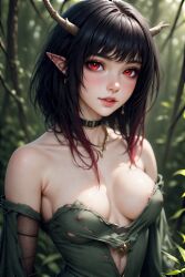 ai_generated antlers beach big_ass big_breasts black_hair breasts elf_ears eye_contact female gloves hourglass_figure large_breasts lingerie pixie_cut red red_eyes red_gloves seductive_expression sexy short_hair smirk smug_expression teasing usebackdooronly
