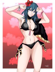 alternate_costume black_bikini black_swimsuit blue_eyes blue_hair byleth_(fire_emblem) byleth_(fire_emblem)_(female) byleth_(summer)_(fire_emblem)_(female) female fire_emblem fire_emblem:_three_houses fire_emblem_heroes light-skinned_female light_skin nintendo official_alternate_costume solo sonicheroxd