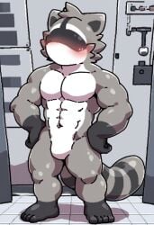 abs ai_generated anthro anthro_only biceps blush changed_(video_game) civitai completely_nude eyeless eyeless_character eyeless_male featureless_crotch full-length_portrait grey_body grey_fur head_tuft inside laboratory laboratory_background male male_only marigil mouthless mouthless_male muscular navel noseless nude nude_male oiled_body pecs procyonid raccoon_(changed) solo solo_anthro solo_male standing stomach two_tone_body two_tone_fur two_tone_tail
