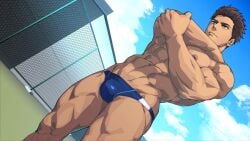1boy abs arms_up athletic bara beefy biceps big_areola big_bulge big_nipples brown brown_hair bulge bulge_through_clothing cloud dutch_angle eight_pack fence gay hesoten hi_res hunk low-angle_view male male_only management_(game) manly mature_male morning muscles muscular muscular_arms muscular_legs muscular_male muscular_thighs navel no_body_hair orange_eyes pecs practically_nude quadriceps revealing_clothes revealing_swimsuit school short_hair shunta shunta_(syunta_87) six_pack sky slicked_back_hair slim_waist solo speedo standing stretching swim_briefs swimsuit swimwear syunta_87 thick_arms thick_eyebrows thick_thighs tight_clothing topless tough_guy triceps veiny_belly warming_up wet wet_body yaoi