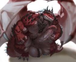 abs aeskul anthro arm_spikes balls balls_tuft bared_teeth big_balls big_penis body_hair chest_hair dragon dust_yang erection fangs fur genitals grey_hair hair hi_res huge_balls huge_cock humanoid_genitalia humanoid_penis male male_anthro membrane_(anatomy) membranous_wings muscular muscular_anthro muscular_male mythological_creature mythological_scalie mythology narrowed_eyes nude pecs penis purple_eyes red_body scalie shoulder_spikes solo spikes spikes_(anatomy) teeth tuft vein veiny_penis white_body white_fur white_wings wings