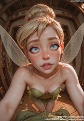 1boy ai_generated bangs bare_shoulders blonde_hair blue_eyes blush breasts bulge cleavage clothing collarbone disney doorway downblouse dress english_language english_text erection erection_under_clothes fairy fairy_wings feathers female female_only freckles green_dress hair_bun hair_ornament indoors jousneystudio light-skinned_female lips looking_at_viewer male medium_breasts nipples nose nude parted_lips penis peter_pan_(disney) semen single_hair_bun sitting small_breasts solo solo_focus straight strapless strapless_dress text thick_eyebrows tinker_bell tinkerbell_(disney) trembling wings