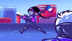 1boy 2girls blood brown_hair clenched_teeth close-up crotch_kick cunt_punt dismemberment exhausted female femdom gonzossm gore gun hair_pull in_pain male not_porn overwatch overwatch_2 pain purple_skin purple_skinned_female screaming short_hair soldier_76 tagme tracer very_long_hair video voice_acted widowmaker