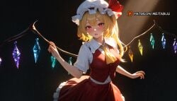 ai_generated ascot blonde_hair blush bow breasts crystal_wings female flandre_scarlet frills hat long_hair looking_at_viewer looking_back meitabuu parted_lips red_eyes ribbon shirt skirt solo standing vest wings yellow_ascot