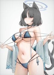 absurdres allied_hyakkiyako_academy_student animal_ear_fluff animal_ears awun bare_shoulders black_eyes black_hair blue_archive blue_haori blush breasts cat_ears cat_girl cat_tail closed_mouth female haori highres hyakkaryouran_conflict_resolution_council_(blue_archive) japanese_clothes kikyou_(blue_archive) kikyou_(swimsuit)_(blue_archive) looking_at_viewer multiple_tails navel official_alternate_costume parted_bangs short_hair solo stomach tail two_tails