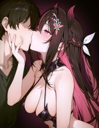 1boy 1girls ai_generated azki_(hololive) belly belly_button blush brown_hair hololive horns kissing large_breasts long_hair navel pink_hair purple_eyes revealing_clothes smile straight succubus succubus_tail thighs tongue_kiss virtual_youtuber white_hair womb_tattoo