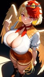 ai_generated alternate_breast_size baby_animal bird blonde_hair boots breasts brown_boots chick cleavage collarbone curvy female from_above full_body huge_breasts large_variant_set looking_at_viewer meitabuu middle_finger multicolored_hair niwatari_kutaka puffy_sleeves red_eyes red_hair shirt short_hair short_sleeves smile solo standing tail thick_thighs thighs two-tone_hair variant_set wings