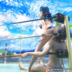 3d alternate_costume bikini black_bikini black_swimsuit blue_bikini blue_eyes blue_hair blue_swimsuit byleth_(fire_emblem) byleth_(fire_emblem)_(female) defeated face_in_ass female female_only fire_emblem fire_emblem:_three_houses fire_emblem_awakening hsfrx light-skinned_female light_skin nintendo robin_(fire_emblem) robin_(fire_emblem)_(female) swimsuit yuri