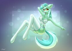 2021 5_fingers absurd_res alternate_version_available anthro breasts chest_tuft clothing cutie_mark dandy_(artist) digital_media_(artwork) equid equine female female_focus female_only fingers friendship_is_magic green_hair hand_on_head hasbro hi_res horn legwear looking_at_viewer lyra_heartstrings_(mlp) mammal my_little_pony navel nipples open_mouth orange_eyes solo tuft unicorn