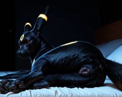 1girls ai_generated animal_genitalia animal_pussy canine canine_genitalia canine_pussy director_yiffy female female_only feral feral_only indoors lying on_bed pokemon pokemon_(species) pussy solo umbreon