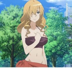 1girls big_breasts blonde_hair blue_eyes breasts busty cleavage curvy drill_hair female female_only hand_on_own_chest highres large_breasts mature_female medium_hair navel oriana_thompson sarong screencap solo tank_top to_aru_majutsu_no_index voluptuous