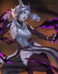 1girls big_breasts blue_eyes bottomless breasts clothing draenei female female_only holymeh legs_together long_hair nipple_slip nipples purple_legwear purple_thighhighs pussy pussy_slip thighhighs wide_hips world_of_warcraft