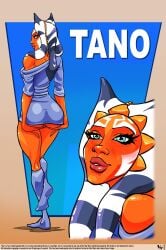 1girls ahsoka_tano alien alien_girl ass blue_eyes bottomless bubble_butt female female_only kneehighs lekku looking_at_viewer looking_back multiple_views orange_skin pussy rear_view solo star_wars text the_clone_wars:_season_one togruta vegaversio