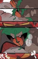 anthro aroused barazoku belly_kiss blush clothed clothing duo embarrassed erection erection_under_clothing hi_res hyaku_(artist) incineroar japanese_text kissing kissing_belly kissing_chest male male/male male_only muscular muscular_male nintendo pokémon_(species) pokemon rillaboom sound_effects teasing text translated twitching video_games