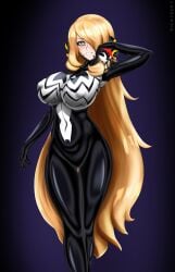 big_breasts blonde_hair bodysuit breasts corruption cynthia_(pokemon) female female_focus female_only golden_eyes goo goo_creature long_hair marvel pokeball pokemon rikatsuky slime straight_hair symbiote venom_(marvel)