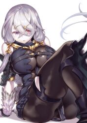 atelier_(series) atelier_ryza black_legwear black_leotard breasts commentary_request female hair_between_eyes hair_ornament hairclip heterochromia highleg highleg_leotard large_breasts leotard lila_decyrus long_hair low_twintails ono_misao pale_skin pantyhose purple_eyes red_eyes resolution_mismatch silver_hair simple_background sitting solo twintails very_long_hair white_background