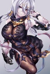 armor atelier_(series) atelier_ryza bangs bare_shoulders black_nails bodysuit breasts brown_bodysuit cleavage commentary_request crossed_bangs eyebrows_visible_through_hair female fingernails fur hair_between_eyes hair_ornament hairclip heterochromia highres hikari_(komitiookami) hooded_vest lila_decyrus long_fingernails low_twintails nail_polish pale_skin revision see-through silver_hair thighs twintails