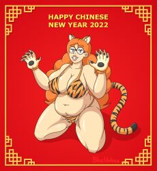 accessory belly big_breasts bikini bikini_bottom bikini_top blueumbra breasts cameltoe chinese_new_year chinese_zodiac chubby_belly chubby_female clothing costume eyewear felid female furgonomics glasses gloves hair handwear hi_res huge_breasts human lips looking_at_viewer mammal muscular_thighs navel new_year_2022 orange_hair pantherine partially_visible_vulva pattern_background paws rebecca_(blueumbra) signature simple_background smile smiling_at_viewer solo swimwear tail_accessory text thick_lips tiger year_of_the_tiger