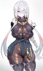 atelier_(series) atelier_ryza bangs belt blue_belt blush bodystocking bodysuit breasts cleavage crossed_bangs female hair_ornament hairclip highres hooded_vest huge_breasts leather_belt lila_decyrus long_hair looking_at_viewer low_twintails purple_eyes shiny shiny_hair shiny_skin silver_hair simple_background skin_tight solo standing thick_thighs thighs tsukunendo twintails white_background