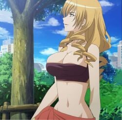 1girls big_breasts blonde_hair blue_eyes breasts busty cleavage drill_hair female female_only highres large_breasts mature_female medium_hair navel open_mouth oriana_thompson sarong screencap smile stitched tank_top third-party_edit to_aru_majutsu_no_index tree voluptuous
