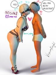 1boy 1girls 3d ass big_ass big_breasts blindfold breasts bulge english_text female genderswap genderswap_(ftm) genderswap_(mtf) hairband light-skinned_female light_skin male male_2b nier nier:_automata rule_63 standing text underwear valentine's_day venomkniight white_background white_hair yorha_2b yorha_9s