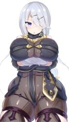 arm_under_breasts atelier_(series) atelier_ryza bangs belt blue_belt blue_eyes blush bodysuit breasts brown_bodysuit cowboy_shot crossed_bangs female hair_ornament hair_over_one_eye hairclip highres hooded_vest jakko large_breasts leather_belt lila_decyrus long_hair looking_at_viewer low_twintails open_mouth pale_skin solo twintails