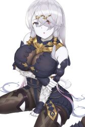 :o arm_under_breasts atelier_(series) atelier_ryza bangs bare_shoulders black_nails blue_eyes bodysuit breast_hold breast_lift breasts cleavage colored_skin crossed_bangs female fingernails gradient_hair hair_ornament hair_over_one_eye hairclip head_tilt heterochromia highres large_breasts lila_decyrus long_fingernails long_hair looking_at_viewer low_twintails multicolored_hair nail_polish pink_hair red_eyes sidelocks silver_hair sitting solo sssemiii thigh_strap twintails very_long_hair wariza white_skin