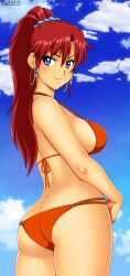 1girls ass ass_cleavage bellows_(suisei_no_gargantia) big_ass big_breasts bikini blue_eyes blue_sky breasts busty butt_crack cleavage dat_ass female female_only large_breasts long_hair looking_back orange_bikini ponytail seductive_smile sensual sideboob sky smile solo suisei_no_gargantia swimsuit tenzen thighs