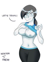 1girls abs big_breasts black_pants blue_tank_top blush breasts breasts_out english_text female female_only fitness gray_eyes nipples ponytail solo suckteen tank_top text tits white_background white_skin wii_fit_trainer