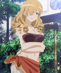 1girls big_breasts blonde_hair blue_eyes breasts busty cleavage crossed_arms drill_hair female female_only hair_over_one_eye highres large_breasts looking_at_viewer mature_female medium_hair navel oriana_thompson sarong screencap smile stitched tank_top thighs third-party_edit to_aru_majutsu_no_index voluptuous
