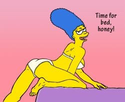 (original_artist_tbd) 1girls bra dialogue female female_only lingerie marge_simpson milf panties pink_background sallyx seductive solo the_simpsons