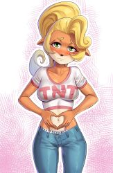 1girls anthro blonde_hair breedable child_bearing_hips coco_bandicoot crash_(series) curvy erect_nipple female fur furry heart_hands jeans legs looking_at_viewer medium_breasts midriff navel nico-mo pants ponytail shirt smile suggestive thighs tight_clothing tnt