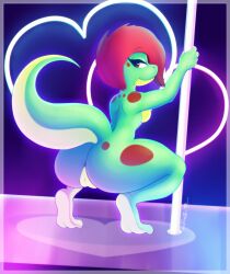 absurd_res anthro anus ass big_butt breasts dancing female genitals hair hi_res lizard nude pole pole_dancing pussy red_hair redbenjamin reptile scalie solo stripper_pole wholesome