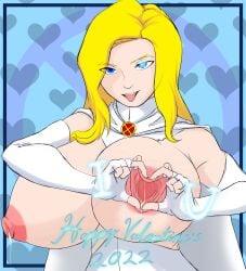 2022 big_breasts blonde_hair breasts cape emma_frost gaping_nipples heart-shaped_boob_challenge inviting inviting_to_sex lactating lactation large_breasts long_gloves marvel marvel_comics milk naughty_face niplfkker nipple_gape nipple_penetration spread_nipple spread_nipples text tongue_out valentine's_day x-men