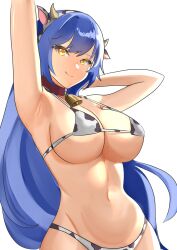 1girls absurdres animal_ears animal_print armpits arms_behind_head arms_up bangs bell bikini blue_hair breasts closed_mouth collar cow_ears cow_horns cow_print cowbell fake_animal_ears fake_horns female girls'_frontline highres horns large_breasts long_hair looking_at_viewer navel neck_bell red_collar simple_background smile solo stomach strap_gap swimsuit tar-21_(girls'_frontline) tian_kazuki upper_body very_long_hair white_background yellow_eyes