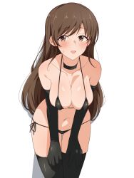 absurdres bangs bikini black_bikini black_gloves black_legwear blush breasts brown_eyes brown_hair cleavage cowboy_shot elbow_gloves eyebrows_visible_through_hair female female gloves highres idolmaster idolmaster_cinderella_girls large_breasts looking_at_viewer nitta_minami parted_lips seihekiog sideboob simple_background solo swimsuit thighhighs thighs white_background