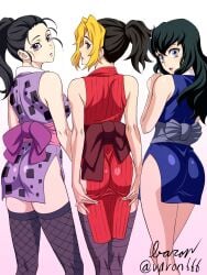 3girls arms_behind_back baron_(artist) big_ass black_hair black_legwear black_thighhighs blonde_hair blue_eyes bubble_butt butt_crack demon_slayer female female_only fishnet_thighhighs fishnets hinatsuru_(kimetsu_no_yaiba) japanese_clothes kimetsu_no_yaiba kunoichi long_hair looking_at_viewer looking_back makio_(kimetsu_no_yaiba) obi pelvic_curtain ponytail purple_eyes rear_view side_slit sleeveless suma_(kimetsu_no_yaiba) the_wives_(kimetsu_no_yaiba) thighhighs tight_clothing two_tone_hair varon666 zettai_ryouiki