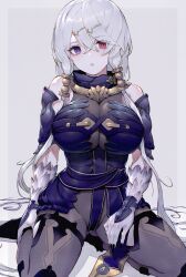 :< atelier_(series) atelier_ryza bangs bare_shoulders black_nails blue_dress bodysuit bodysuit_under_clothes breasts cleavage closed_mouth commentary_request dress elbow_gloves eyebrows_visible_through_hair female fingernails gloves grey_background grey_bodysuit hair_between_eyes hair_ornament hairclip heterochromia hisahisahisahisa large_breasts lila_decyrus long_hair looking_at_viewer nail_polish purple_eyes red_eyes resolution_mismatch revision see-through seiza sharp_fingernails sidelocks silver_hair sitting solo two-tone_background very_long_hair white_gloves