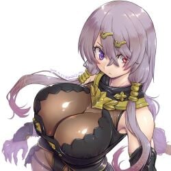 amania_orz atelier_(series) atelier_ryza belt blue_belt breasts cleavage dated female hair_ornament hairclip heterochromia hooded_vest impossible_clothes large_breasts leather_belt lila_decyrus low_twintails purple_eyes purple_hair red_eyes shiny shiny_clothes shiny_hair solo twintails twitter_username