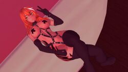 1girls 2022 3d bdsm_outfit black_pasties carmine_esclados dark-skinned_female dark_skin indrick_[artist] red_hair rwby solo solo_female v_sign x_pasties