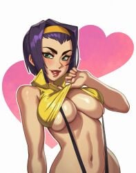 1girls 2022 big_breasts breasts cleavage clothing cowboy_bebop faye_valentine female female_focus female_only looking_at_viewer rizdraws shirt_lift short_hair solo underboob white_background